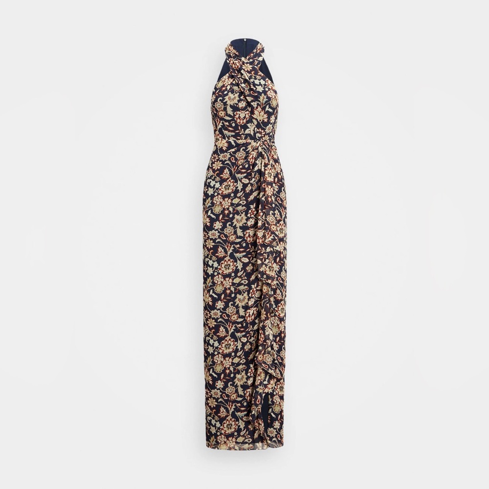 NWT Lauren Ralph Lauren Floral Ruffle-Trim Georgette Halter Gown Maxi Dress - Picture 4 of 9